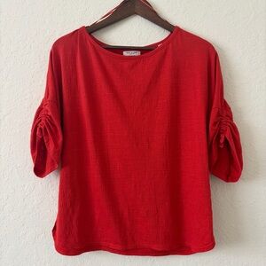 Max Studio Red Crinkle Textured Blouse with Ruched Sleeves | Flowy Boho Festival